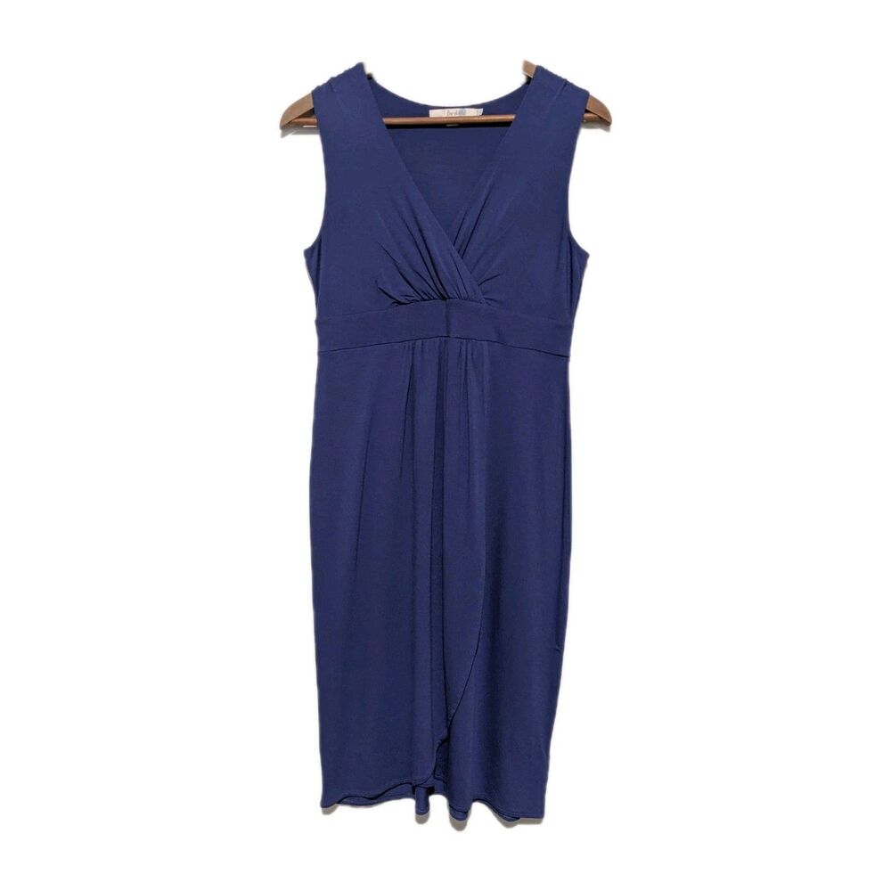 BODEN Blue Knit Dress 12 L Stretch Knit Tulip Wrap Skirt Sleeveless